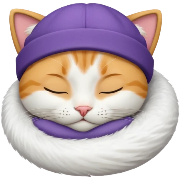 emoji of sleeping cat, its pose is lying, it has on his head FedEx delivery cap emoji