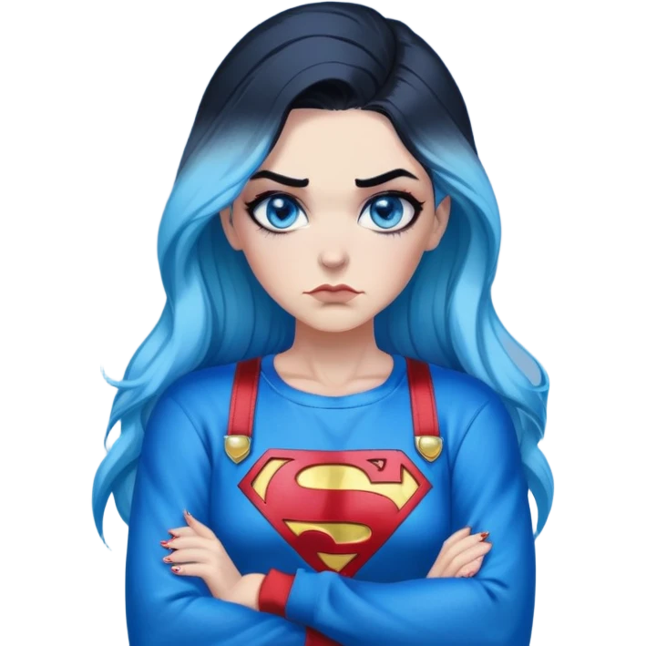 Female-Very tall-very very very large chest-really angry-arms crossed-very long straight flat black to sky blue hair ombre-blue eyes-black eyeliner-long eyelashes-iridescent superman sweatshirt with glitter superman logo-overalls-lip pierced emoji