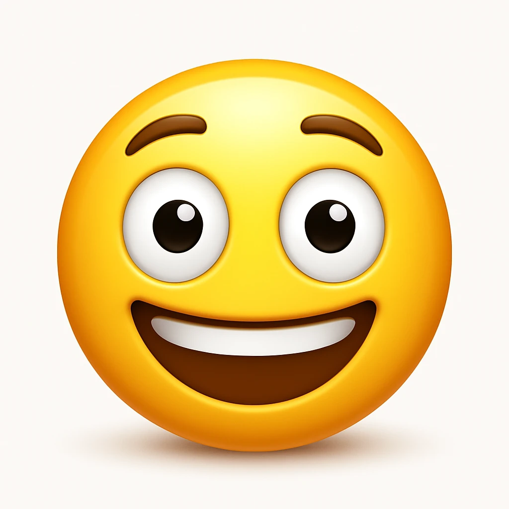 Create a yellow smiley face emoji with a similar facial expression to the reference image. It should have wide eyes, raised eyebrows, a big smile, and a shiny, smooth appearance. Add a soft shadow. The style should resemble the iOS emoji style. emoji