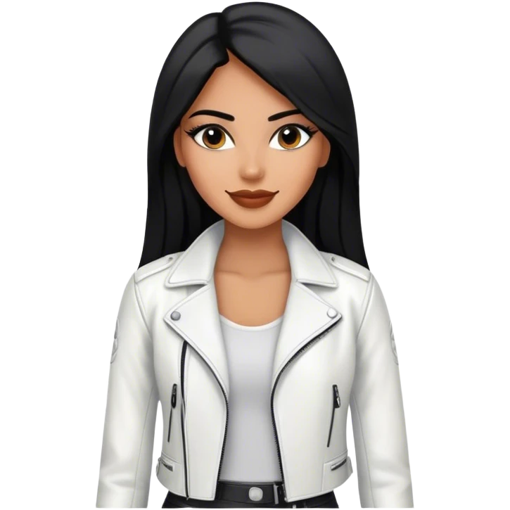beautiful fit woman, with long straight black hair, with make up, black eye liner, smile mooth close, mexican, brown skin, wearing casual white outfit and leather black jacket, flirting emoji