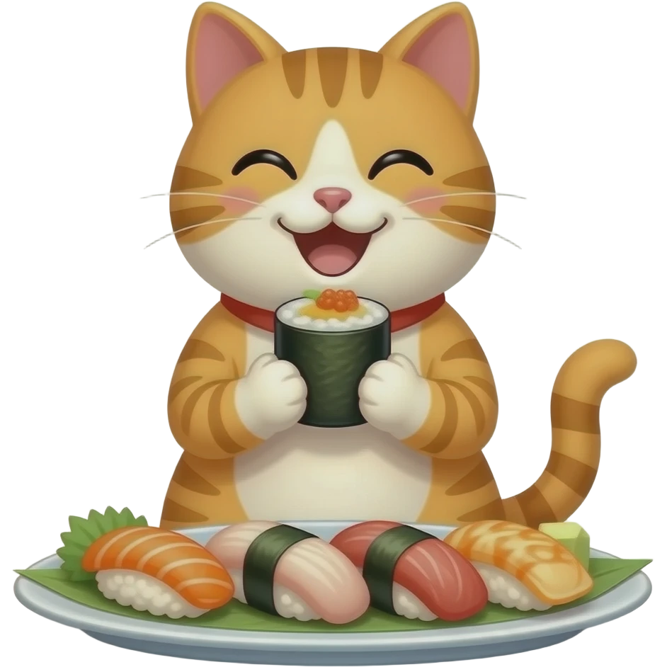 a happy cat in japan enjoying sushi emoji