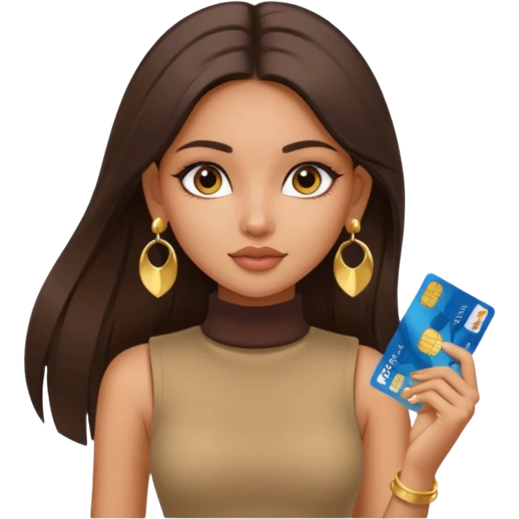 a pretty bratz fair indian girl wearing a beige sleeveless turtleneck, golden earrings, straight ling hair, holding bank cards, dark brown hair emoji
