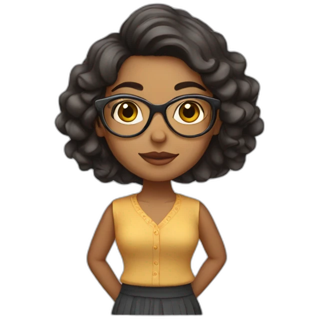 Indian woman with wavy hair wearing glasses and a small folded skirt emoji