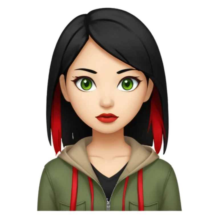 Asian-Latina women with black hair and a red streak with green eyes and alternative/grunge clothing style. emoji