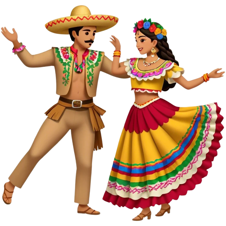 Cinematic Realistic scene of two performers dancing the Jarabe Tapatío, dressed in colorful traditional Mexican costumes with intricate embroidery, captured in energetic, festive motion with vibrant, celebratory lighting emoji