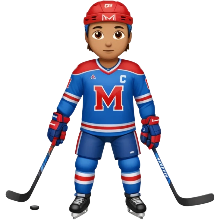 Hockey player in blue and red full body M on jersey emoji