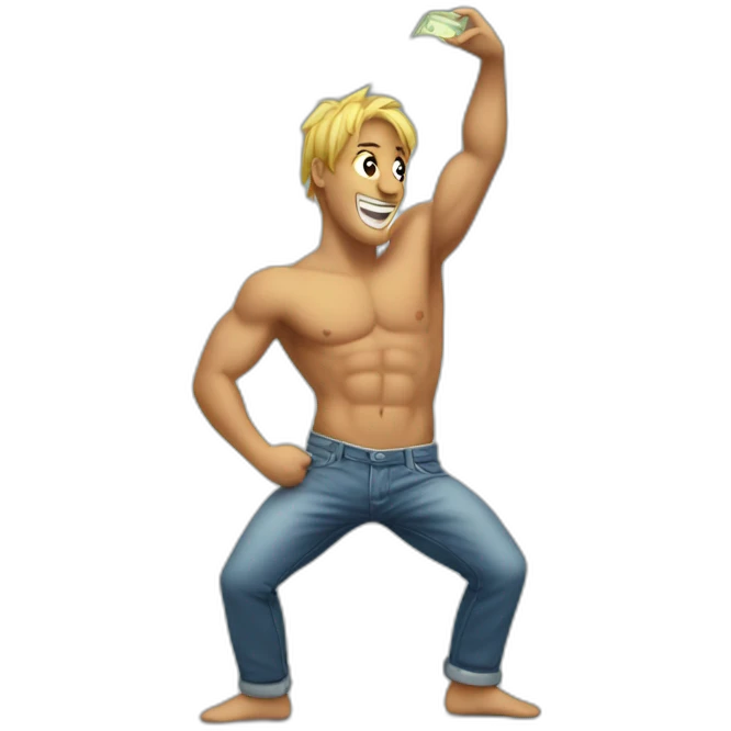 Shirtless guy dancing under raining money  emoji