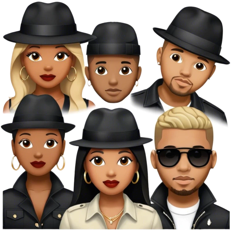 Icon for R&B Music: collage of R&B artists—Victoria Monét, Summer Walker, Usher, Chris Brown, and Muni Long. Each represented by a silhouette or symbolic item like a microphone, fedora, or music notes, reflecting the soul and energy of R&B. Transparent background. emoji