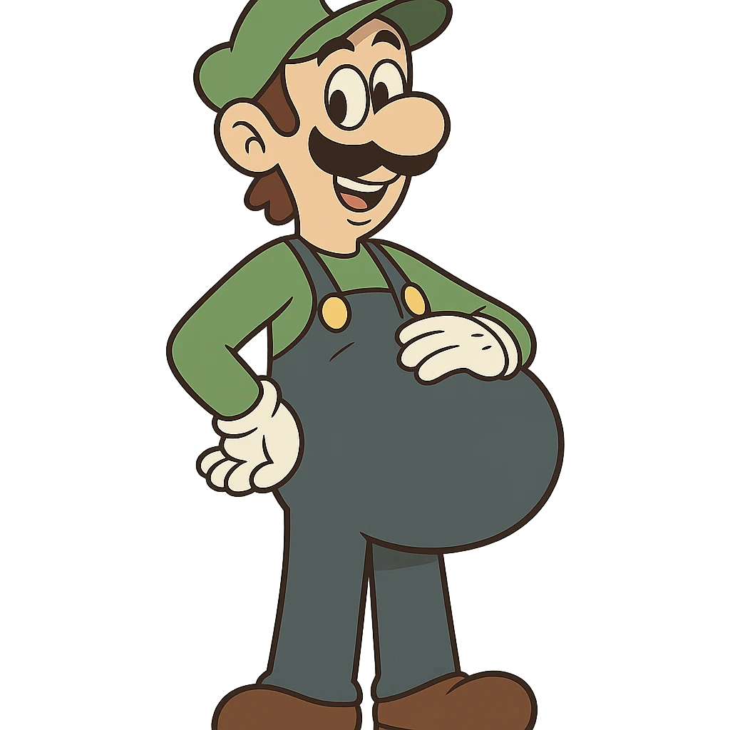Luigi from Mario, pregnant, smiling, standing, cartoon style emoji