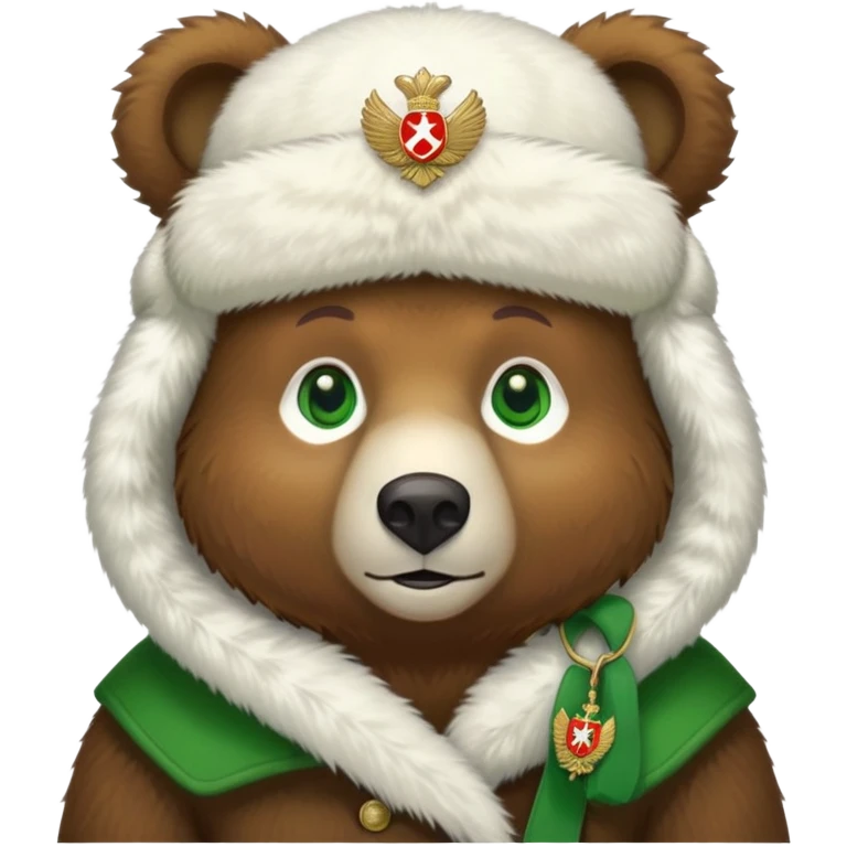 Endearing brown bear with bright green eyes, white fur ushanka hat with detailed Russian Federation emblem prominently displayed on front, iOS emoji style emoji