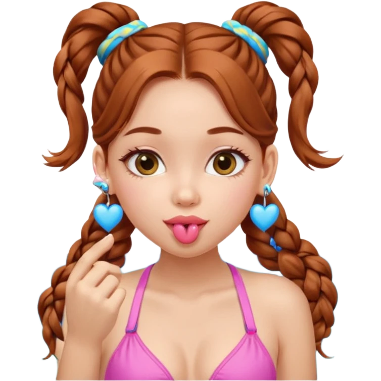 A cute ukrainian girl, looks slightly malaisain with full lips and long auburn hair in two plaited ponytails, has heart earrings in yellow and blue, and is wearing her pink bikini, she is blowing a kiss. emoji