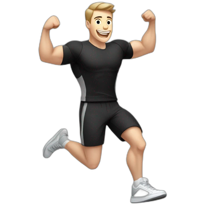 Joyful Celebrating victory Pale skinned Fit Man With the biceps and dark brown hair in black shirt, gray sports shorts and white Sneakers emoji