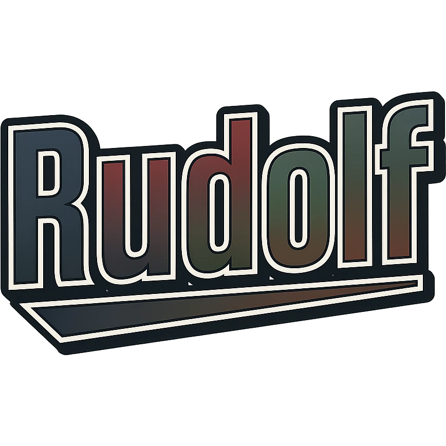 Text image of the name 'Rudolf' in a masculine, modern, gradient font with precise Hungarian characters, dark contour, extra thick, prominent white border as in sample images, dynamic slanted underline, masculine color shades (blue, gray, burgundy, green, brown), 1000x1000 px, PNG, transparent background. emoji