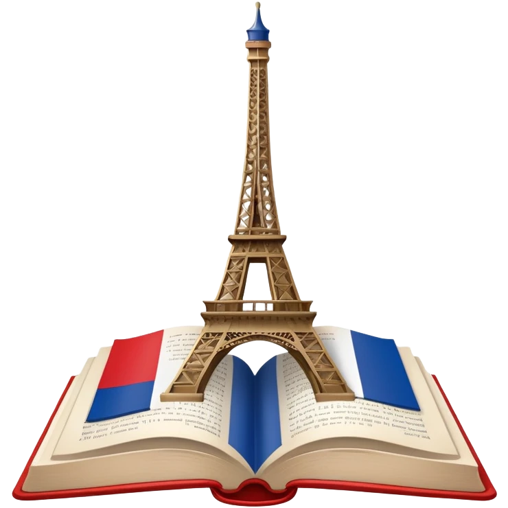 An icon featuring the Eiffel Tower and the flag of France, symbolizing the French language. The design includes an open book with French text, representing language learning and French culture. Transparent background highlights the elegance of the French-speaking world. emoji