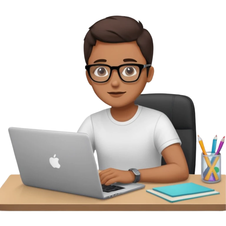 designer with tan skin and square glasses using a laptop, creative workspace emoji