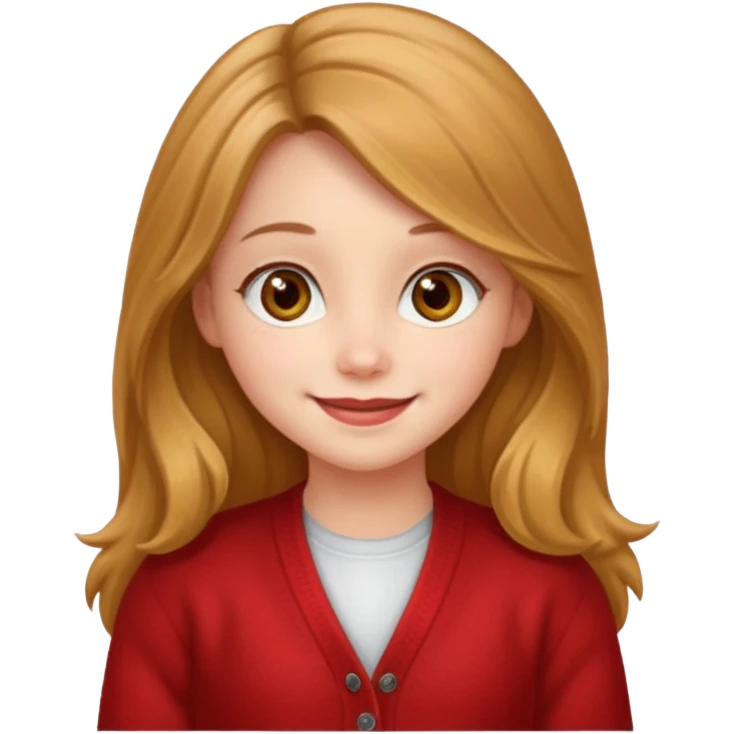 create a girl with hazel long hair, hazel eyes and beautiful smile, and red colour cardigan emoji