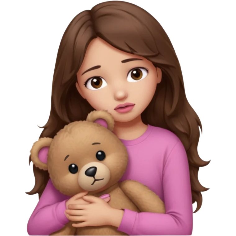 girl with long wavy brown hair, brown eyes, light to medium complexion, in a pink shirt, pink lips, long lashes, sad, hugging squeezing a teddy bear with a broken heart emoji
