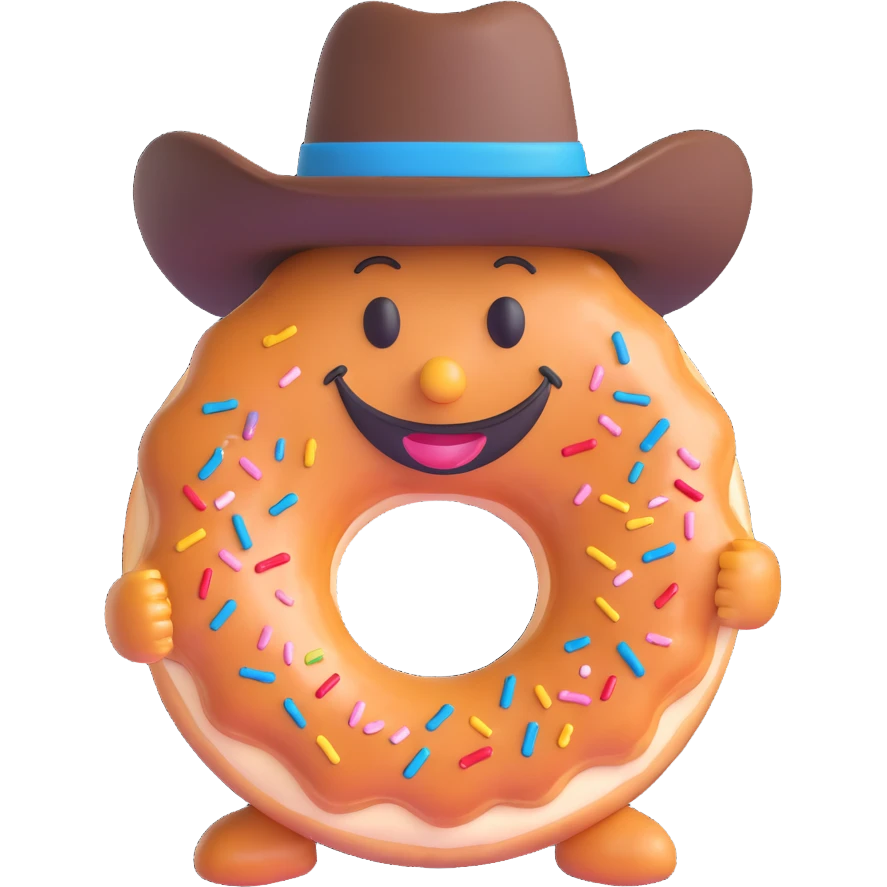smiling doughnut wearing a cowboy hat, fun emoji style emoji