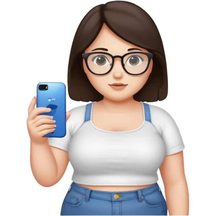 chica adolescente gordita ,pelo castaño oscuro,crop top blanco ,jeans vaqueros, espejuelos y un celular samsumg en su mano izquierda  emoji