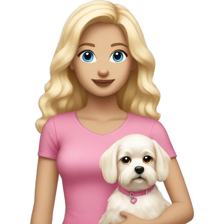 Girl with light skin, blonde waves hair,blue eyes , wearing in pink top.  hold on Maltese dog emoji