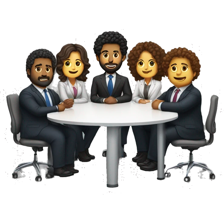 work meeting table 3 men and 4 women sitting on a table wearing suits the women have curly hair and one of the men is fat with a beard and of them is tanned with curly hair emoji