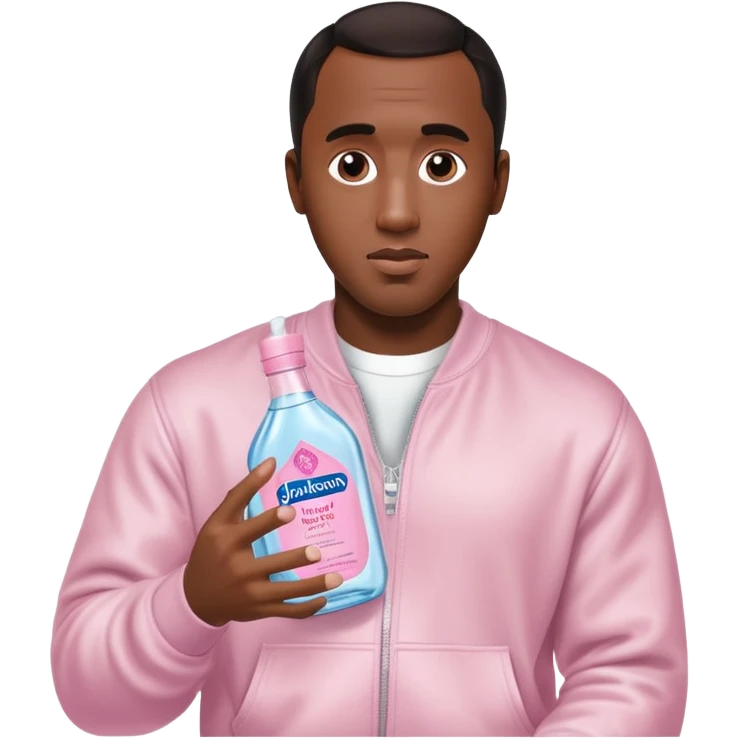 A realistic product shot of a transparent bottle of Johnson’s Baby Oil by Johnson & Johnson, featuring a soft pink label. The oil inside is crystal clear and glossy. Sean "Diddy" Combs is holding the bottle emoji