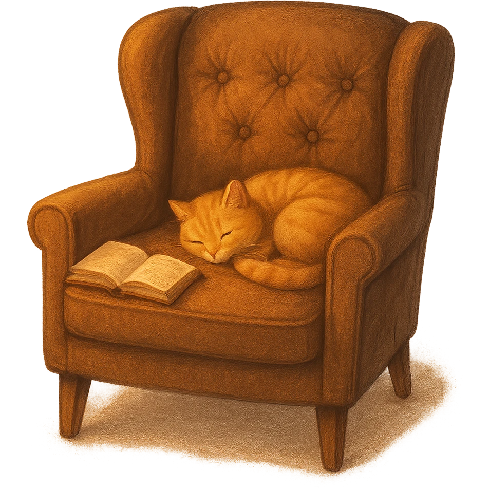 cozy armchair with a cat and a book, warm and inviting emoji