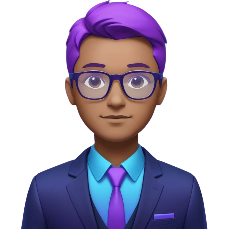 A stylized 3D avatar of a visionary tech CEO, male, wearing glasses and a sleek dark blazer. He has a confident, friendly expression. The lighting is a dramatic gradient of purple and electric blue neon. Rim lighting on the edges of the character. Dark background, cyberpunk minimalist aesthetic. emoji