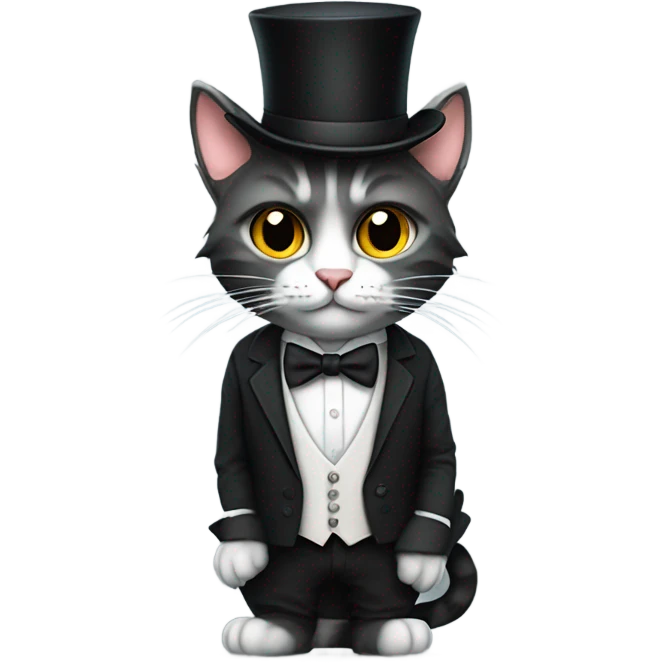 Cat with a top hat wearing a suit and tie and black ripped jeans with a fluffy tail and sharp claws and fingerless white gloves  emoji