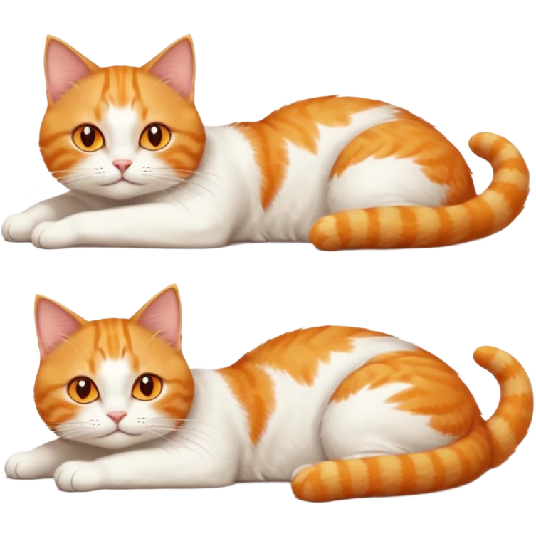 ginger and white cat with orange eyes doing a big extremely long stretch reaching up into the air with arms and legs side by side together straight and overextended whilst lying on its side emoji