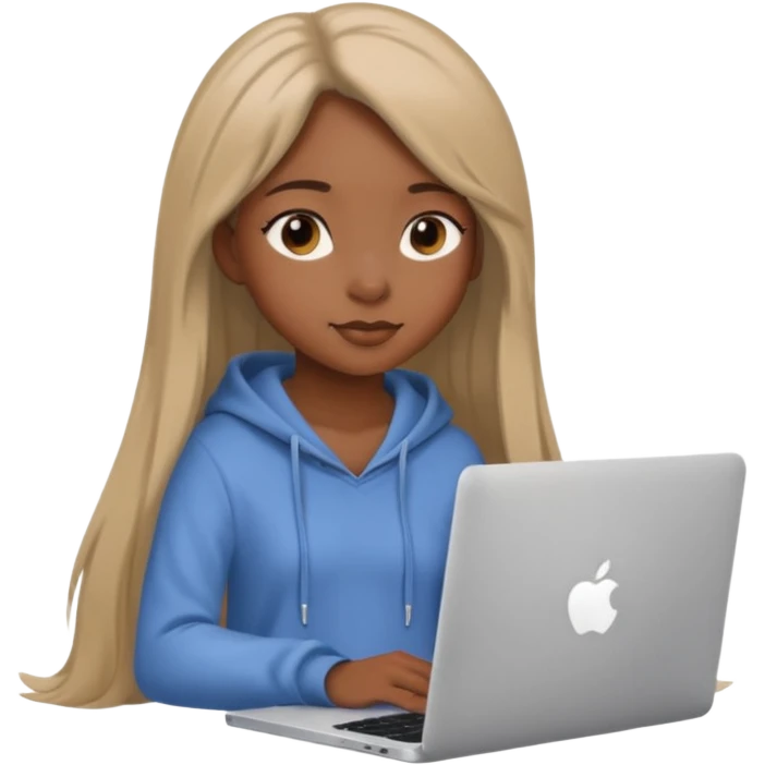 cute black girl with long straight hair, sitting at an Apple laptop, wearing light soft aesthetic clothing emoji