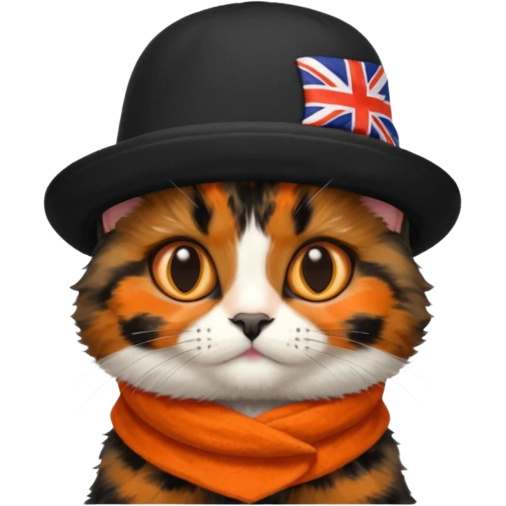Cute mostly black tortoiseshell kitten wearing a british hat emoji