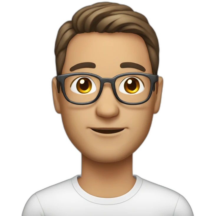 Middle aged gay male with brown hair and earings, round glasses, earrings,silver necklace,smooth shaven emoji