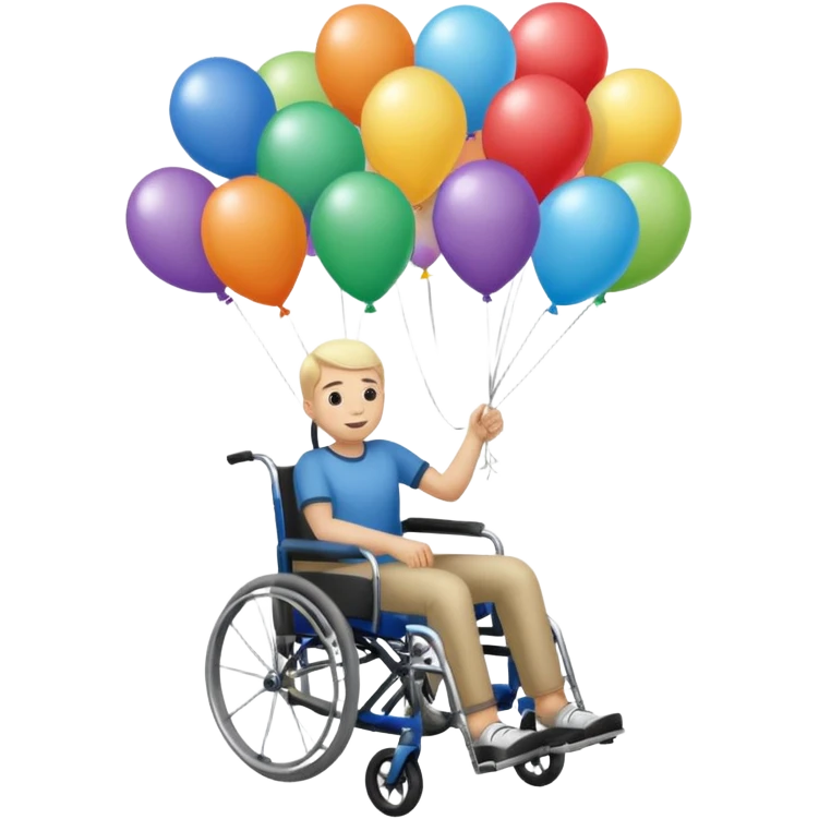 Persona in sedia a rotelle appesa a dei palloncini emoji
