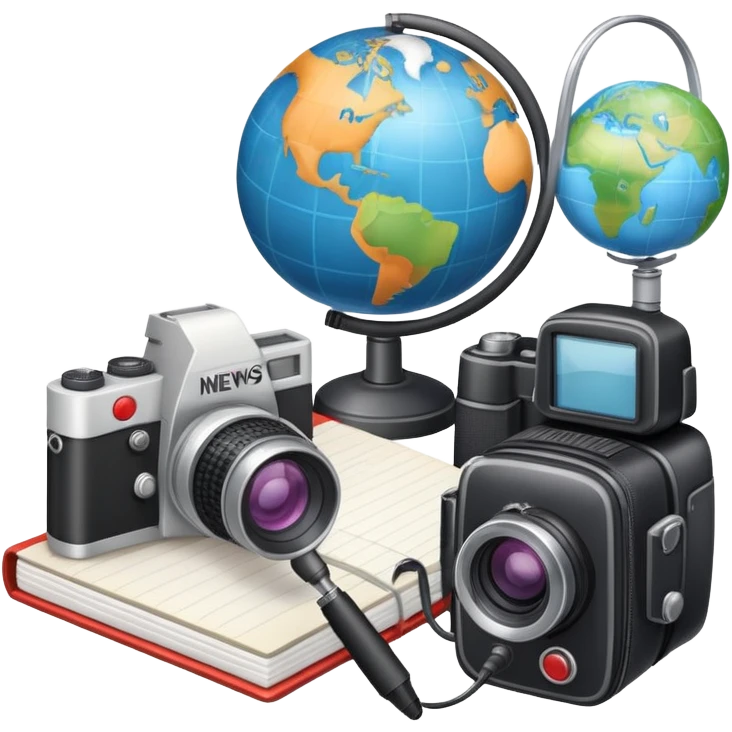 An icon showing a microphone, a notepad, and a camera, symbolizing journalism. The design includes a globe in the background, representing global news, and a breaking news banner for emphasis. Transparent background highlights the dynamic world of media and reporting. emoji