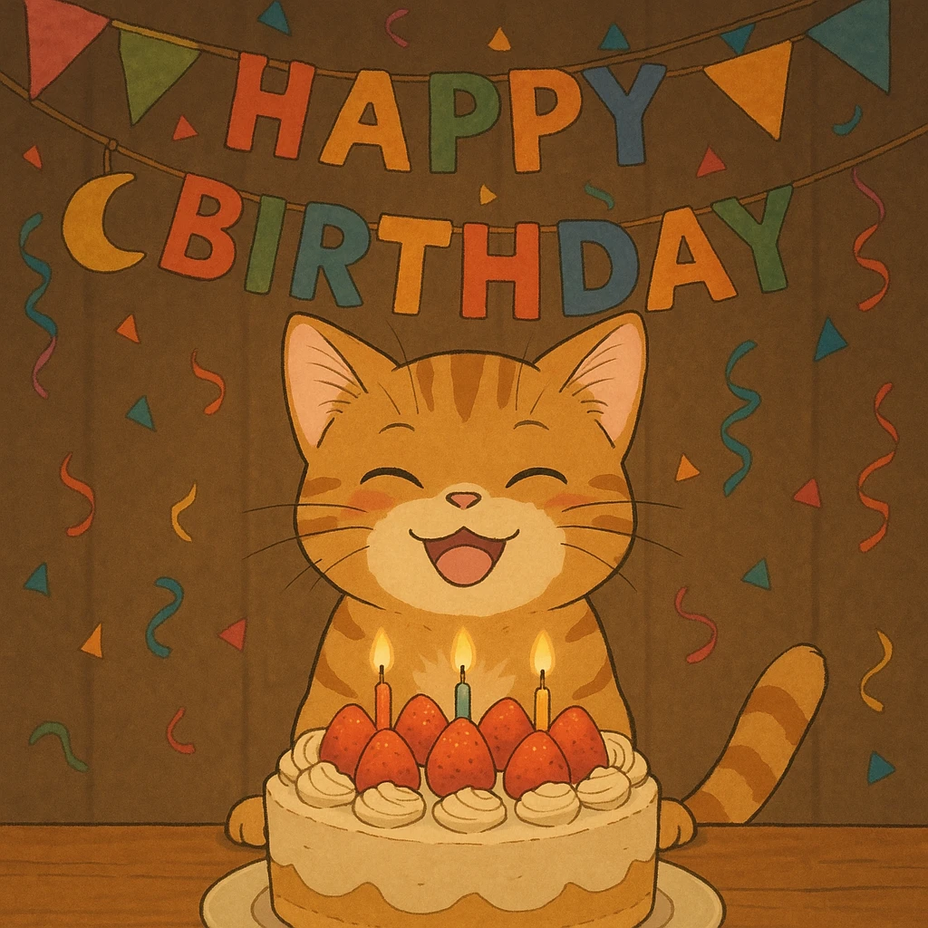 ginger tabby kitten with birthday cake, festive decorations, happy expression, ghibli style birthday scene emoji