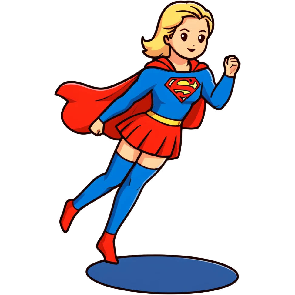 Supergirl in classic costume, full body view showing blue tights, red skirt, and cape with S symbol emoji