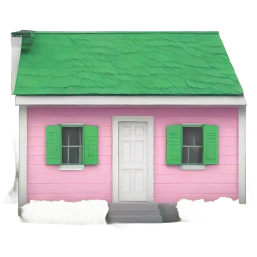 Small pink shack with white roof and green shutters emoji