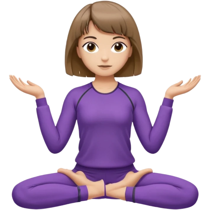 Девушка с короткими волосами до плеч русого цвета, посередине головы есть чёлка, с черными бровями, карие глаза, у неё фиолетовый спортивный костюм, она занимается йогой  emoji