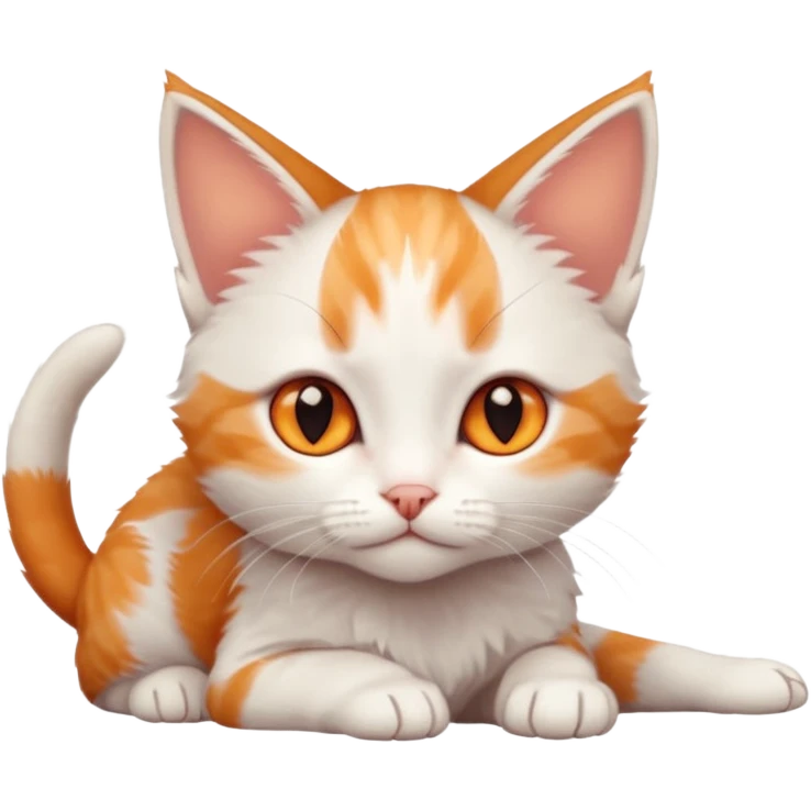 full body of very small + skinny ginger and white kitten with deep orange eyes and triangular shaped face lying down emoji