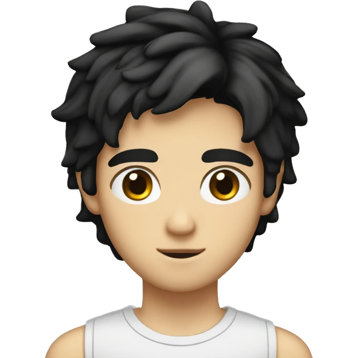 Teenager boy type italian, White skin, with straight black hair (Which go down behind to the nape of the neck), Little bit dezoom emoji