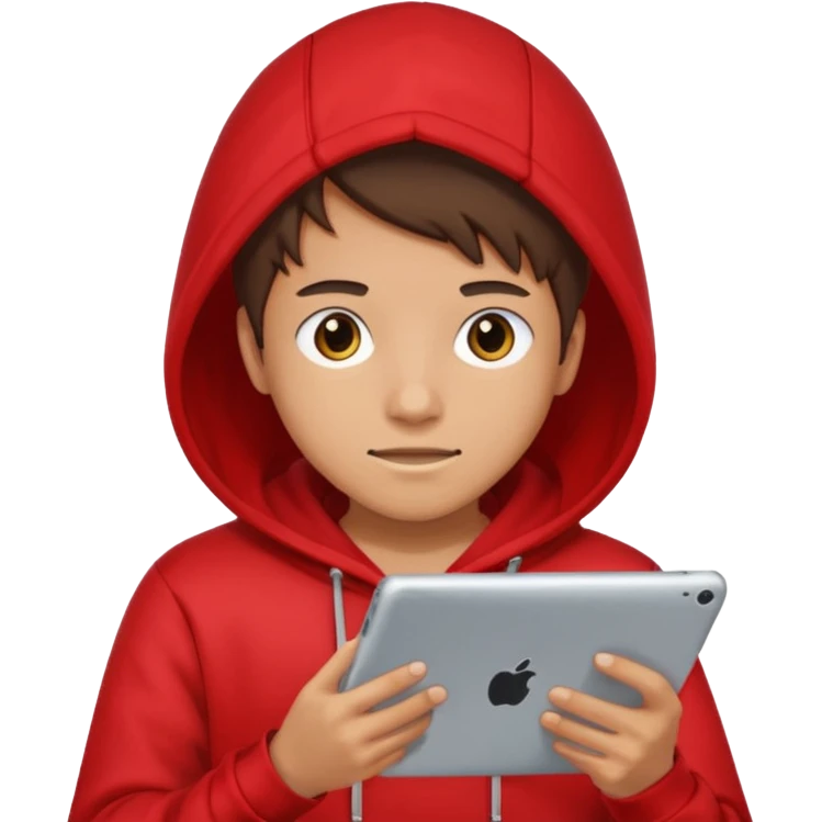 Teen gaming on tablet, red hoodie emoji
