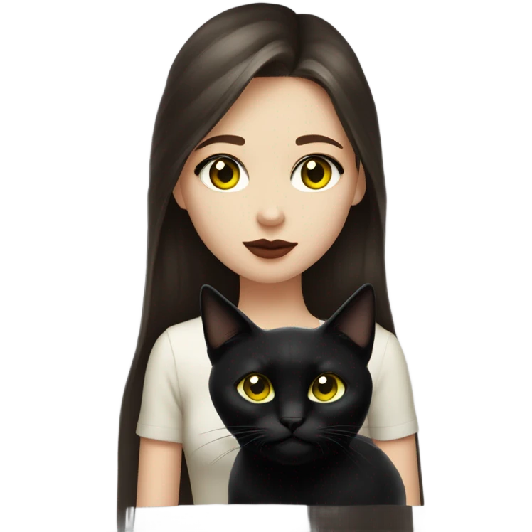 A teenage girl with white skin, she have some green hazel eyes, red lipstick, long straight dark brown hair, she have an eyeliner and she is holding a black cat that have some yellow eyes , view from close emoji