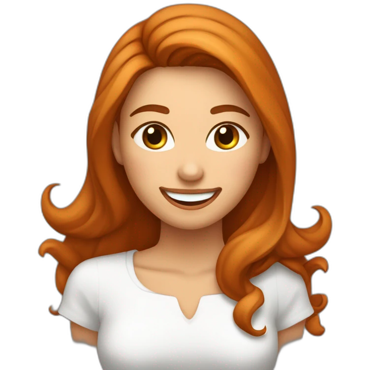 Mulher cabelos compridos lisos de cor ruiva sorrindo mostrando os dentes e mandando beijo emoji