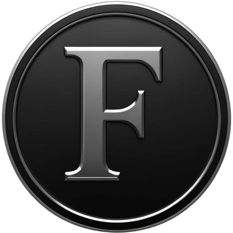 Emoji icon of a black coin with engraved letter F, minimalist style, isolated, only black color emoji