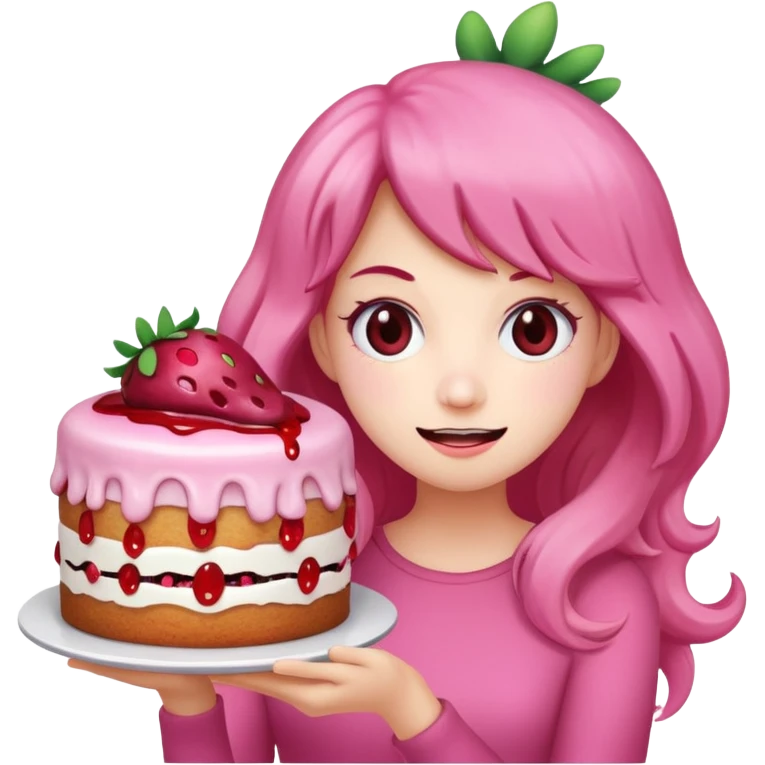 woman holding pink runny gooey kawaii strawberry jam monster cake   emoji