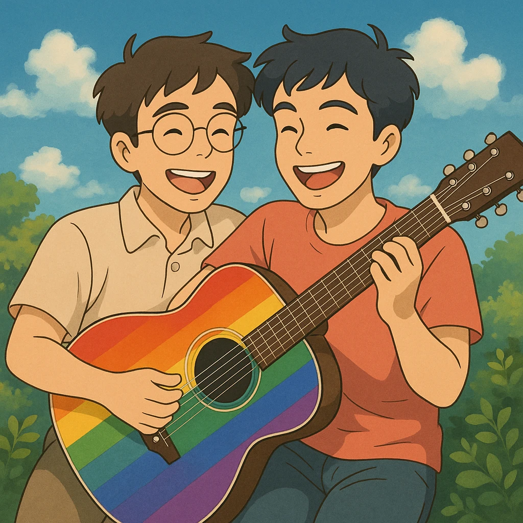 rainbow guitar with a happy gay couple playing it emoji