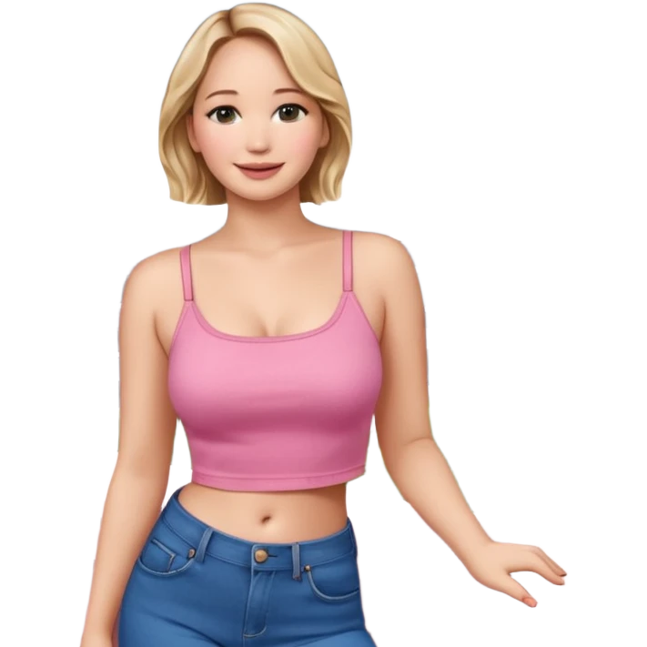 jennifer lawrence, pink crop top, and blue jeans, leaning on a balcony with a harbor and cityscape in the background, smiling emoji
