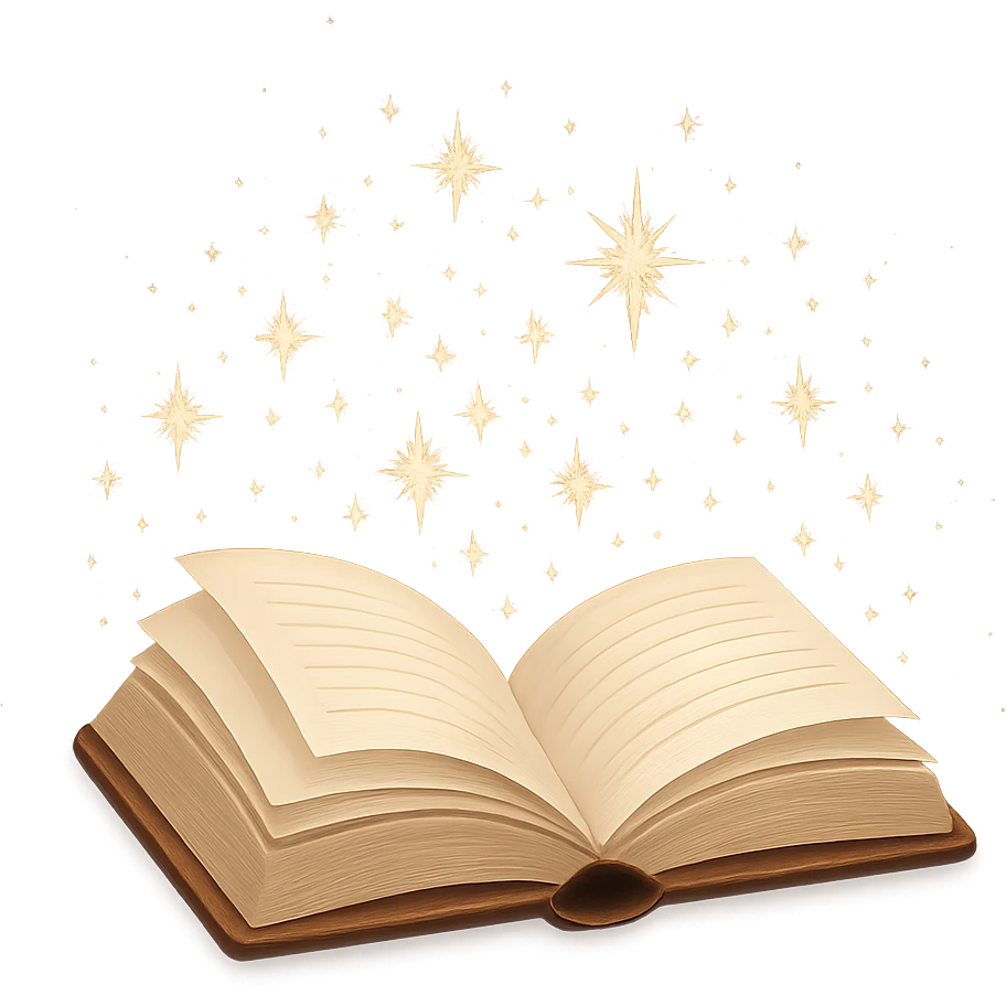 an open book with magical sparkles, representing a bookstore, no background emoji