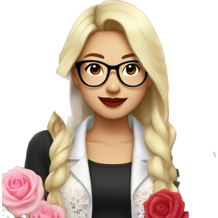 Asian girl, smiling with teeth and dimples on the cheeks, fair skin, black long hair, black eyes, black glasses with gold frames, red lipstick, wearing a white lace tank top and a black office jacket on top, with pink and red roses around her. emoji